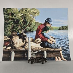Grandpa With Grandson‎ Fishing On Dock With Labs Vintage Paint By Number 20x16